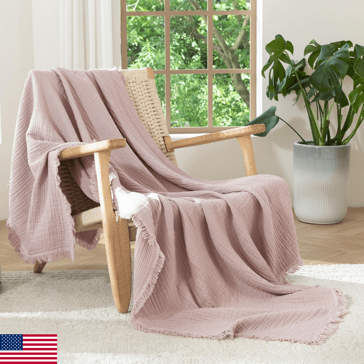 MooMee Muslin Blanket 100% Cotton 4-Layer Gauze Throw Blanket All-Around Fringe - Image 1