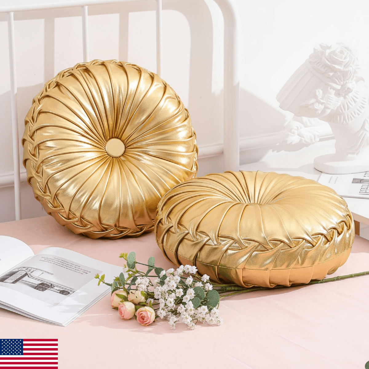 Drydiet Gold Throw Pillows Decorative Round Cushions 15'' Pleated Pumpkin Cover - Image 1