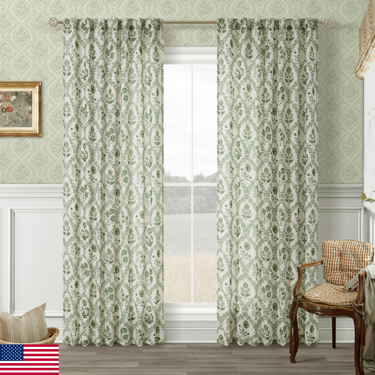Green Floral Linen Curtains 84 Inch Length for Living Room Bedroom 2 Panels Semi - Image 1