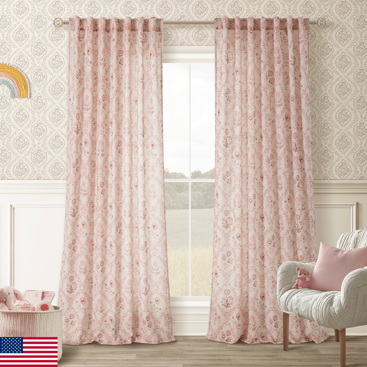 Pink Floral Curtains 90 Inches Long 2 Panels Set Blush Dusty Pink Flower Printed - Image 1