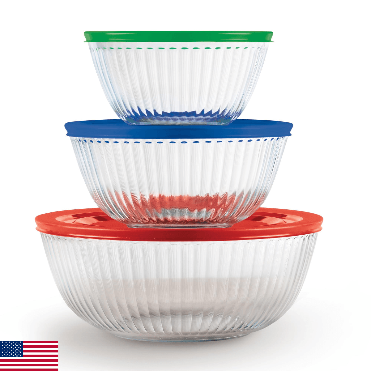 Pyrex Sculpted (3-Pack) Glass Mixing Bowls Set With Plastic Lids For Prepping, B - Image 1