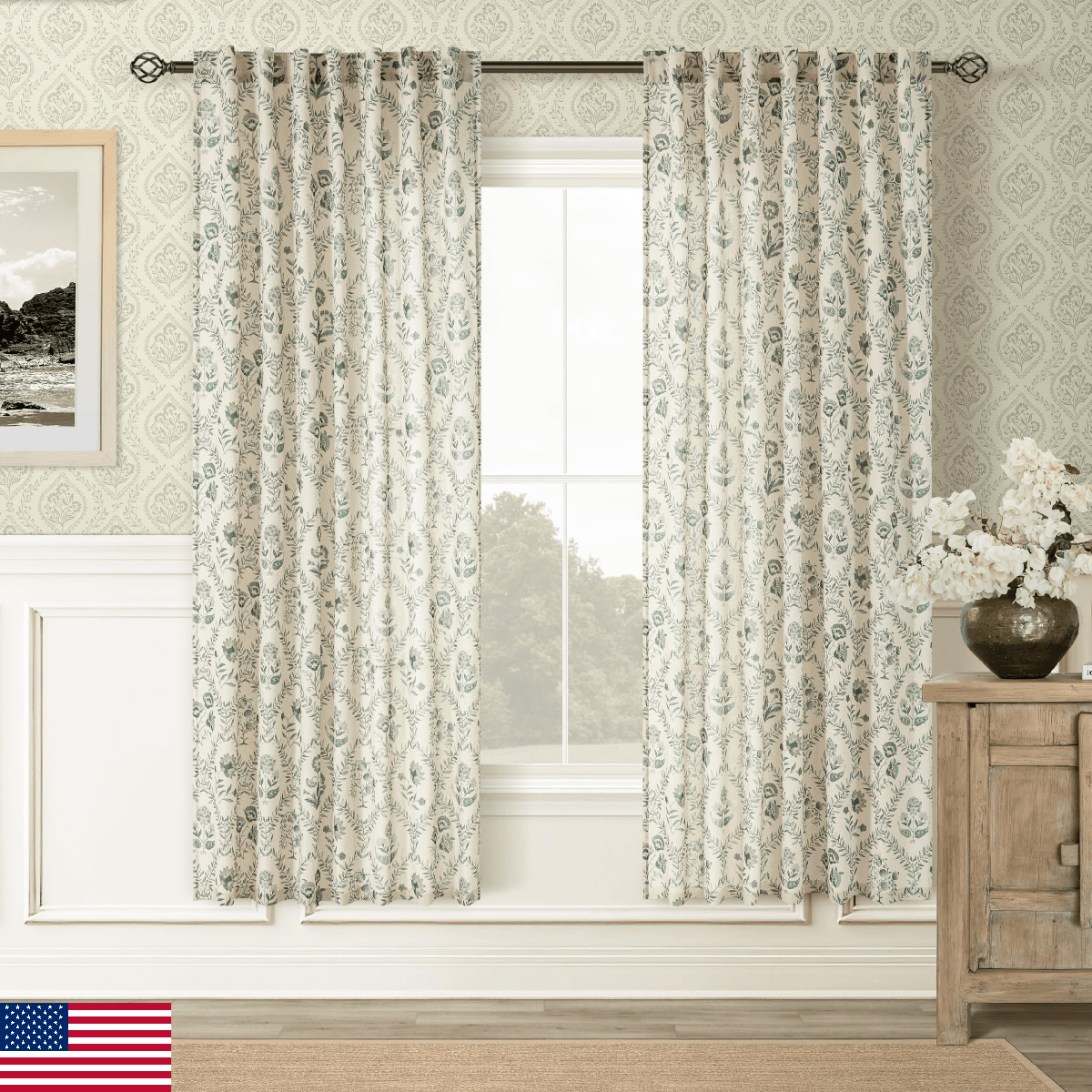 Green Floral Linen Curtains 72 Inch Length 2 Panels Set Patterned Semi Sheer Cur - Image 1