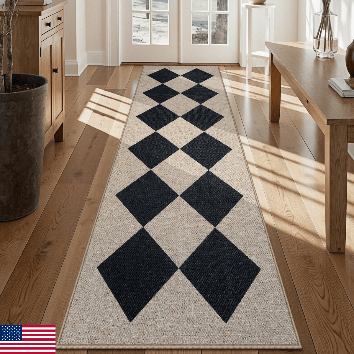 Collive Checkered Easy Jute Runner Rug 2.5x8 Black Washable Kitchen Rugs Non Sli - Image 1