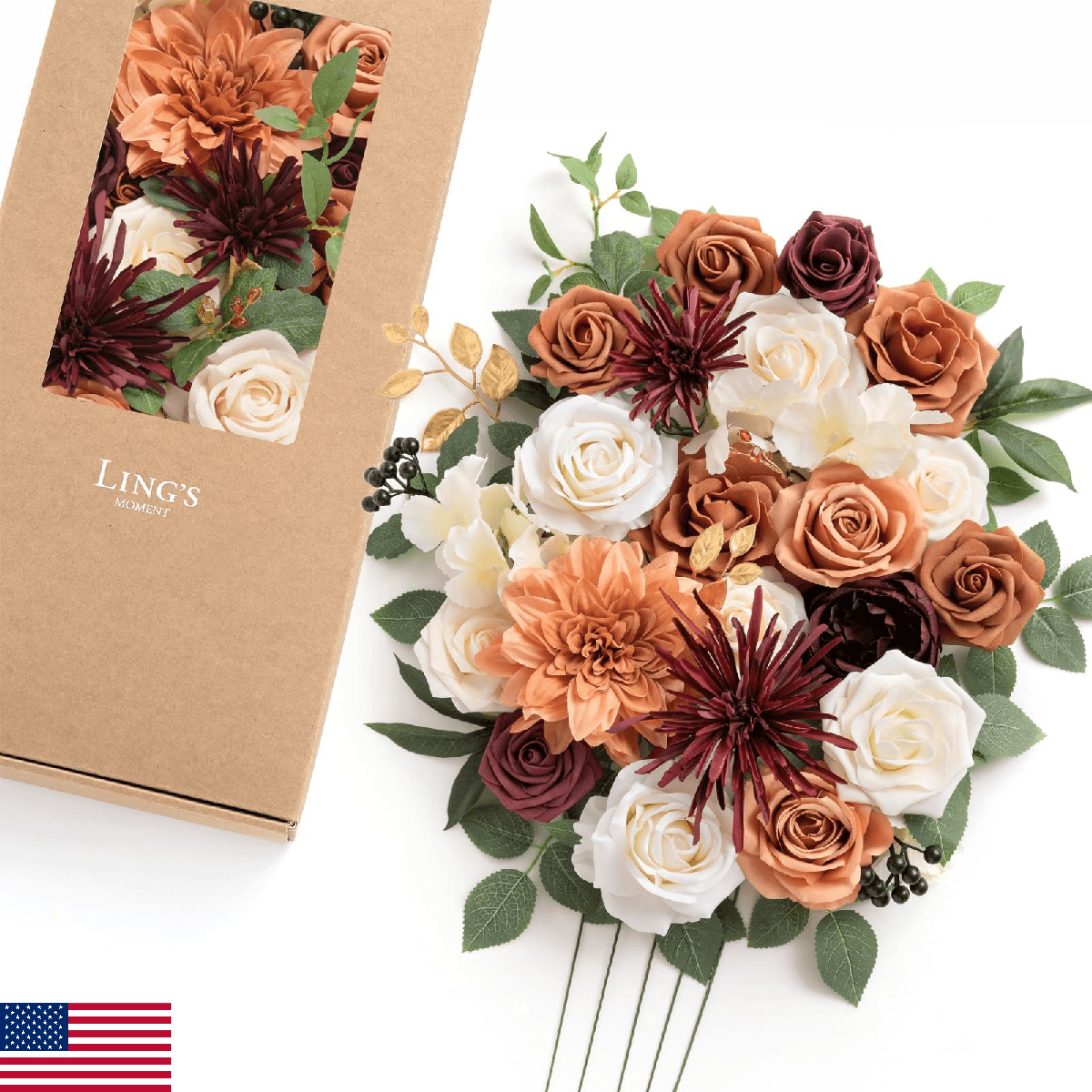 Ling's moment Fake Flowers Box, Faux Artificial Greenery Stems Foam Roses Berry - Image 1