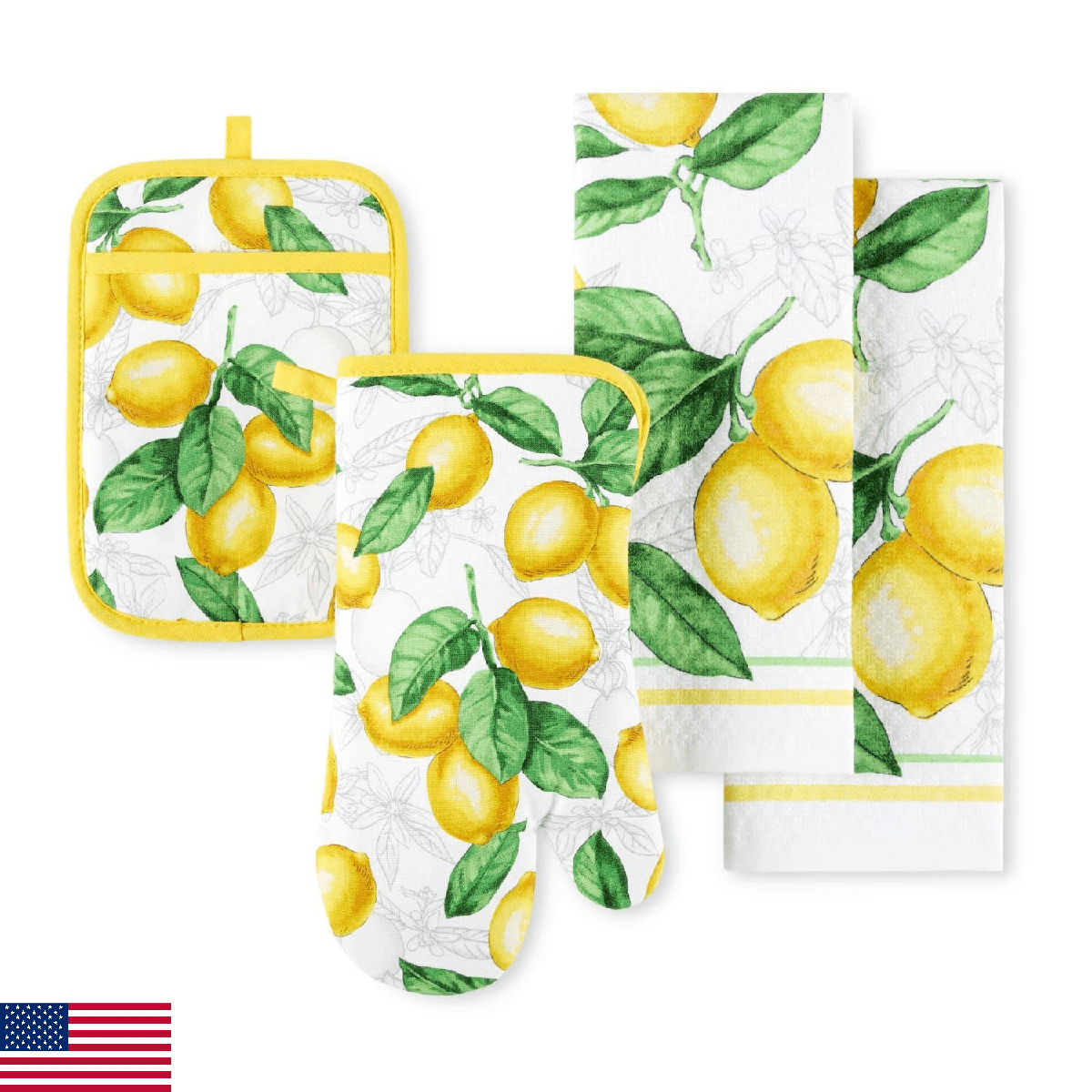 Martha Stewart Lots of Lemons Modern Kitchen Towel, Oven Mitt & Potholder Set, 4 - Image 1