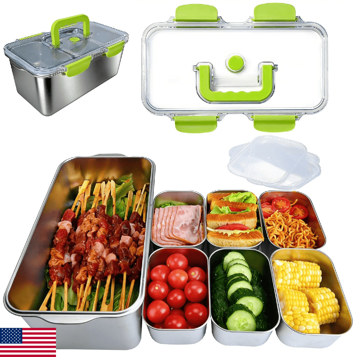 YINGRACE 7-Piece 304 Stainless Steel Food Storage Containers Set with Clear Lids - Image 1