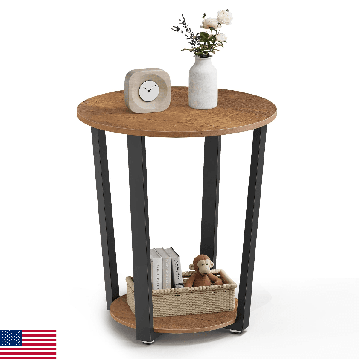 VASAGLE Round Side End Table, 2-Tier Accent Bedside Table with Storage Shelf, Ea - Image 1