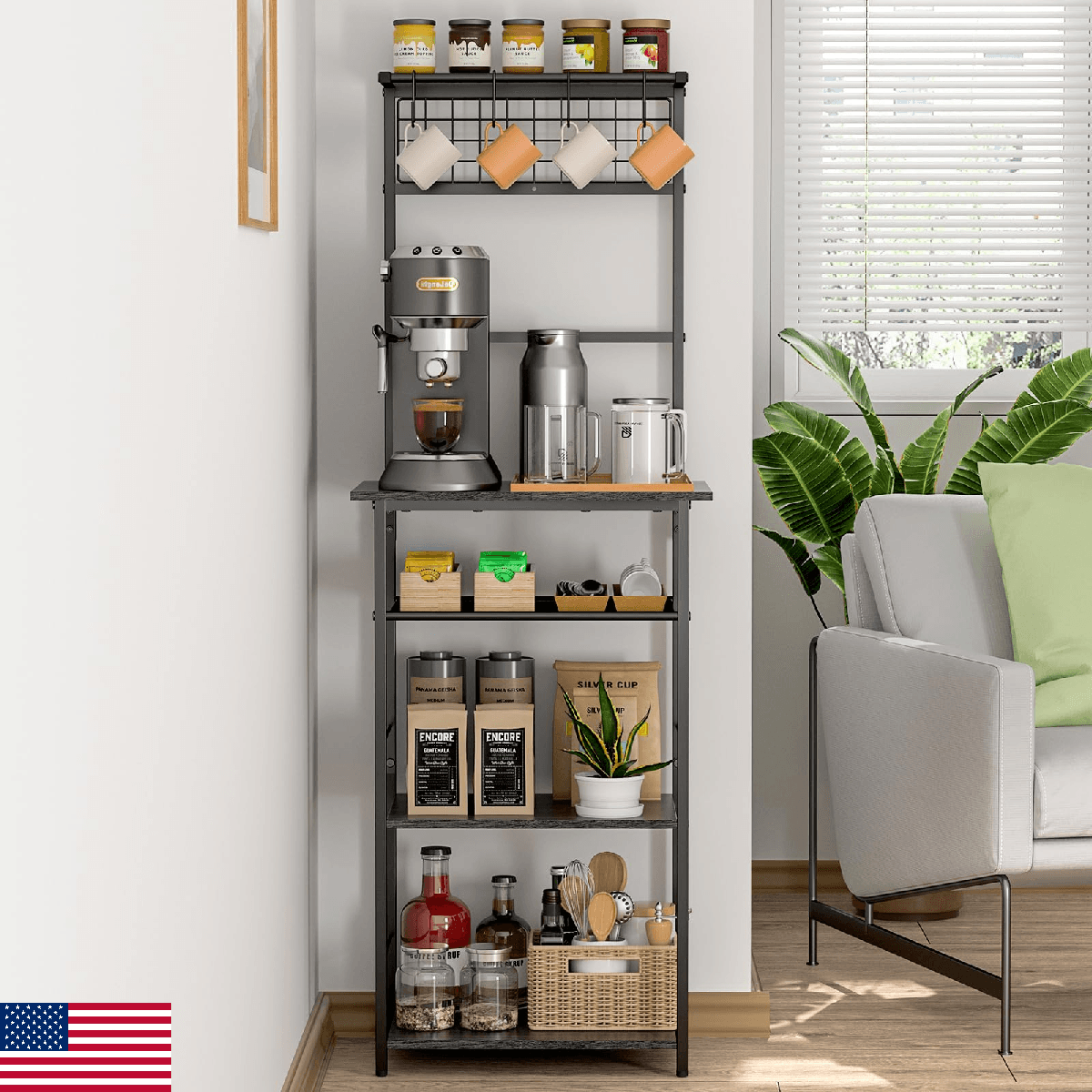 5 Tier Coffee Bar Station, Kitchen Stand with 4 S-Shaped Hooks, Farmhouse Corner - Image 1