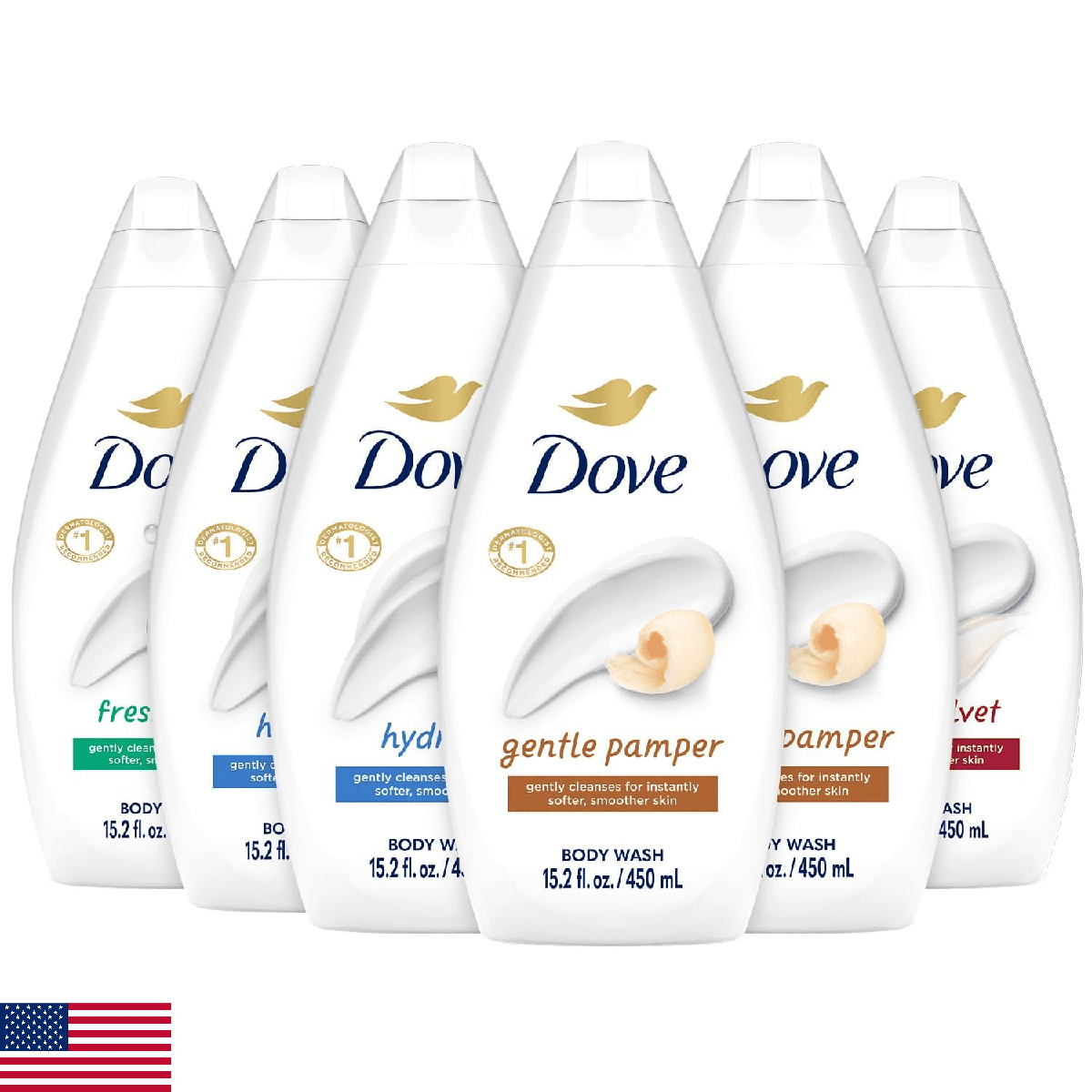 Dove Body Wash Variety 6-Pack – Hydrate, Gentle Pamper, Fresh Care, and Silky Ve - Image 1