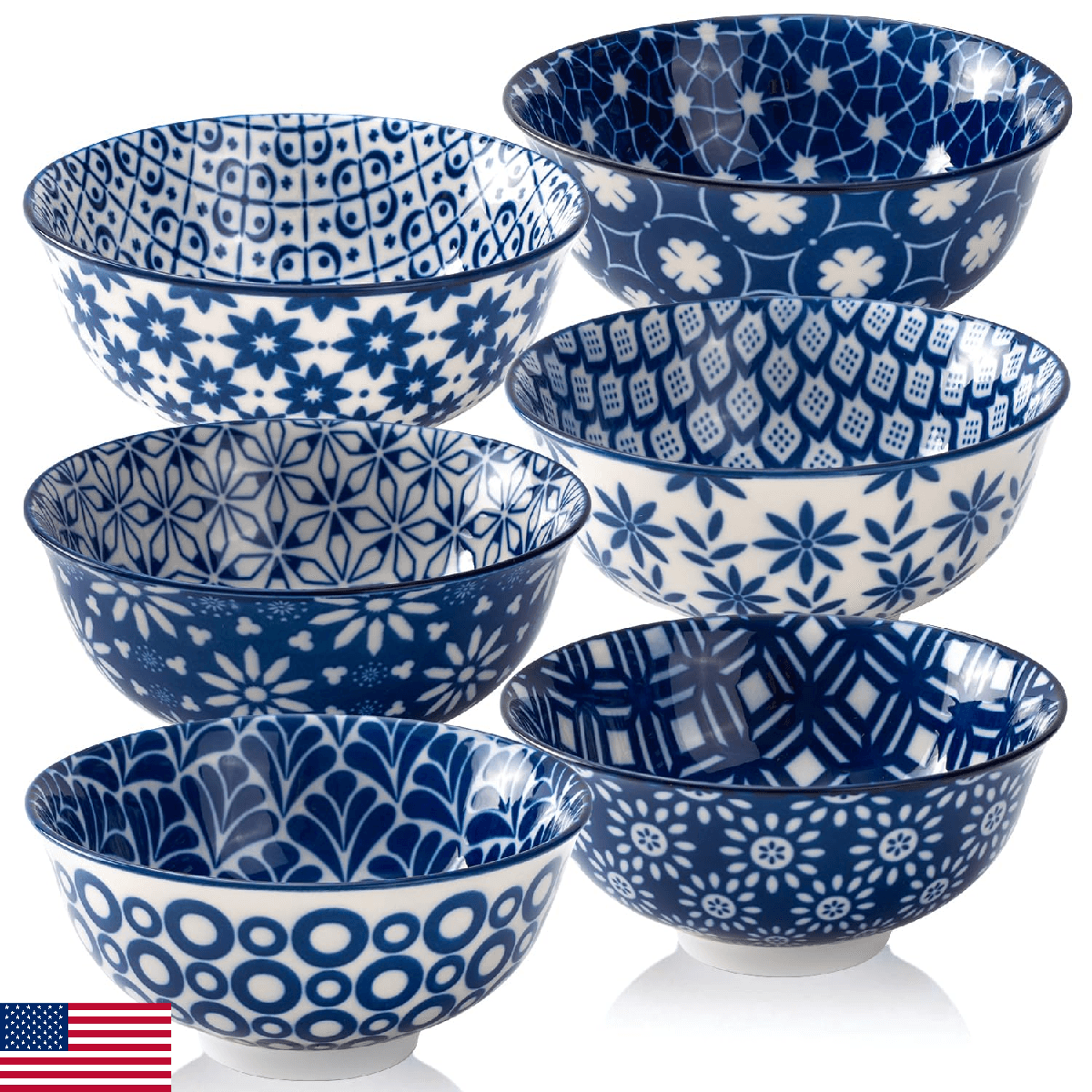 AntoKueh 6 inches Blue and White Ceramic Bowls, 23Oz Deep Cereal Porcelain Bowls - Image 1