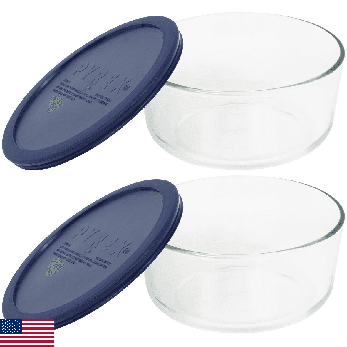 Pyrex Storage 4-Cup Round Dish with Dark Blue Plastic Cover, Clear (Pack of 2 Co - Image 1