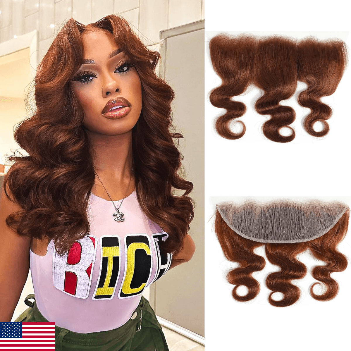 ALHER #33 Reddish Brown Body Wave 13x4 Lace Frontal Human Hair, Copper Brown Col - Image 1