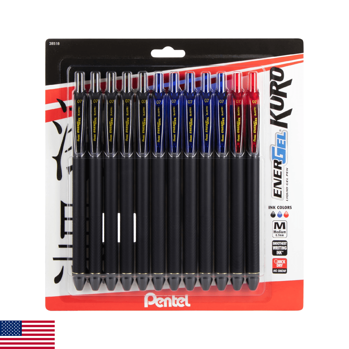 Pentel EnerGel Kuro Liquid Gel Pen, 0.7mm, Medium line, Assorted Ink, 12-Pk (BL4 - Image 1