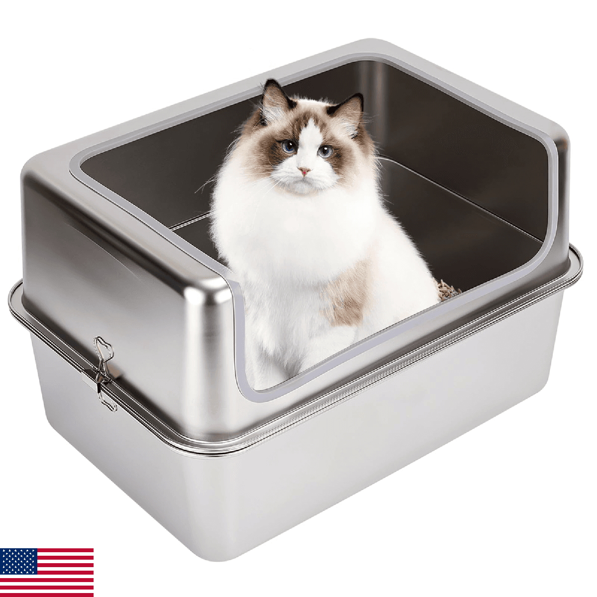 Amibud Stainless Steel Cat Litter Boxes with Metal Lid, Large Kitty Litter Pan w - Image 1
