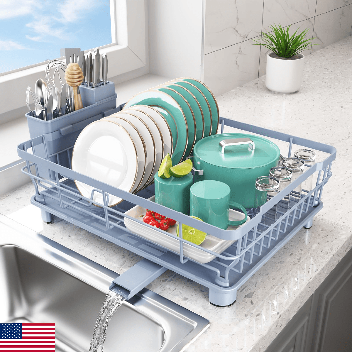 Ricobes Space Saving Dish Drying Rack Blue Kitchen Counter with Drainboard Rustp - Image 1