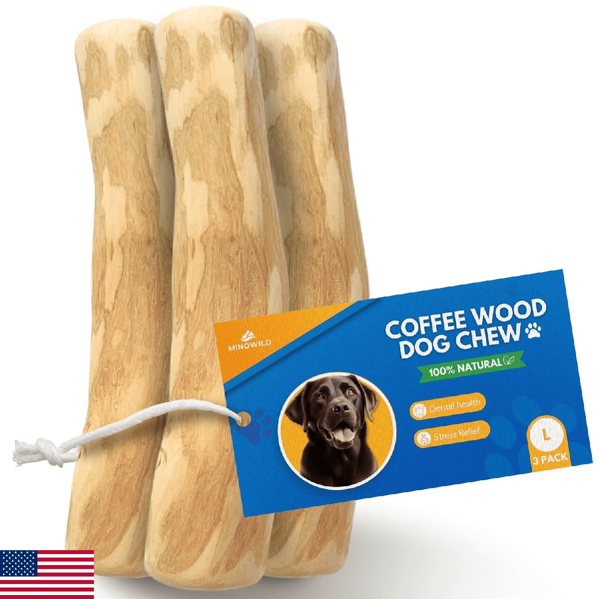 MINOWILD Set 3 of Coffee Wood Dog Chew Toy – Coffee Chew Stick for Large Dogs - - Image 1