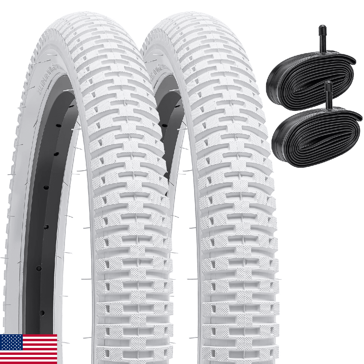YUNSCM 2-PCS 18" Bike Tires 18x1.95/53-355 (White) and 18" Heavy Duty Bike Tubes - Image 1