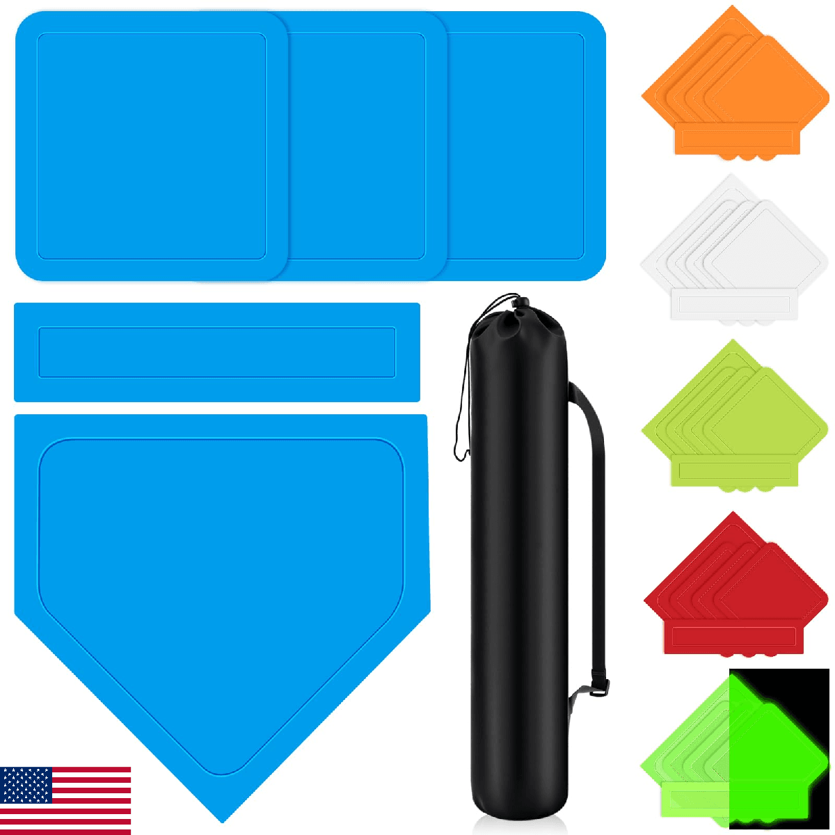 Hiboom 5 Pcs Baseball Softball Base Set Portable Carry Bag 3 Bases Homeplate Rub - Image 1