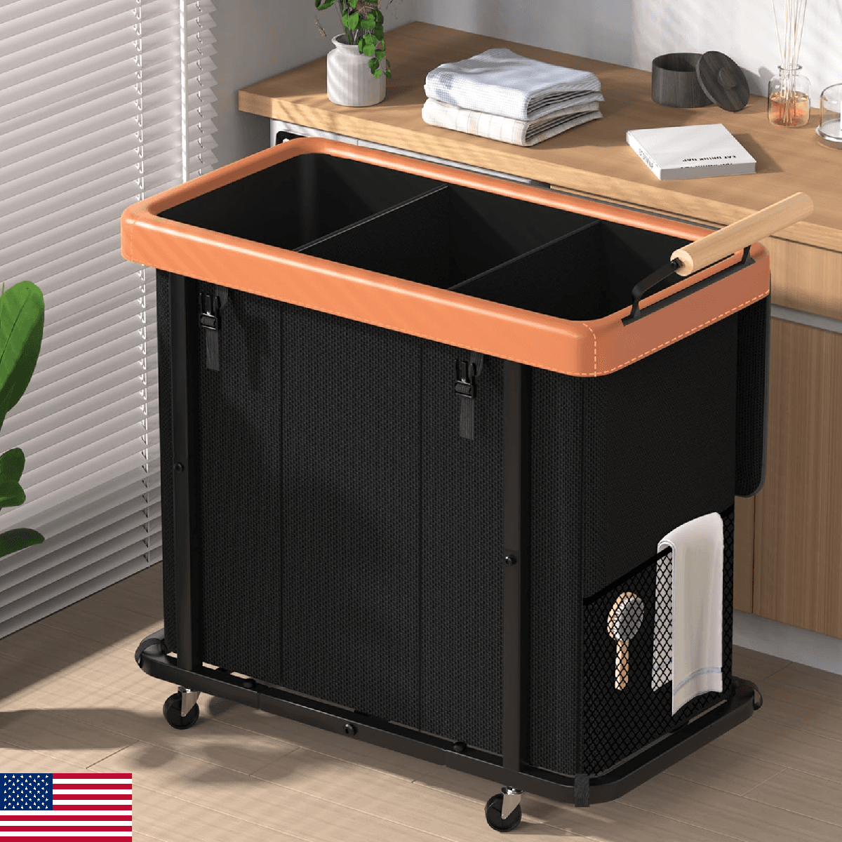 60 Gal (230L) Laundry Hamper 3 Section with Lid, Leather Patchwork Laundry Sorte - Image 1