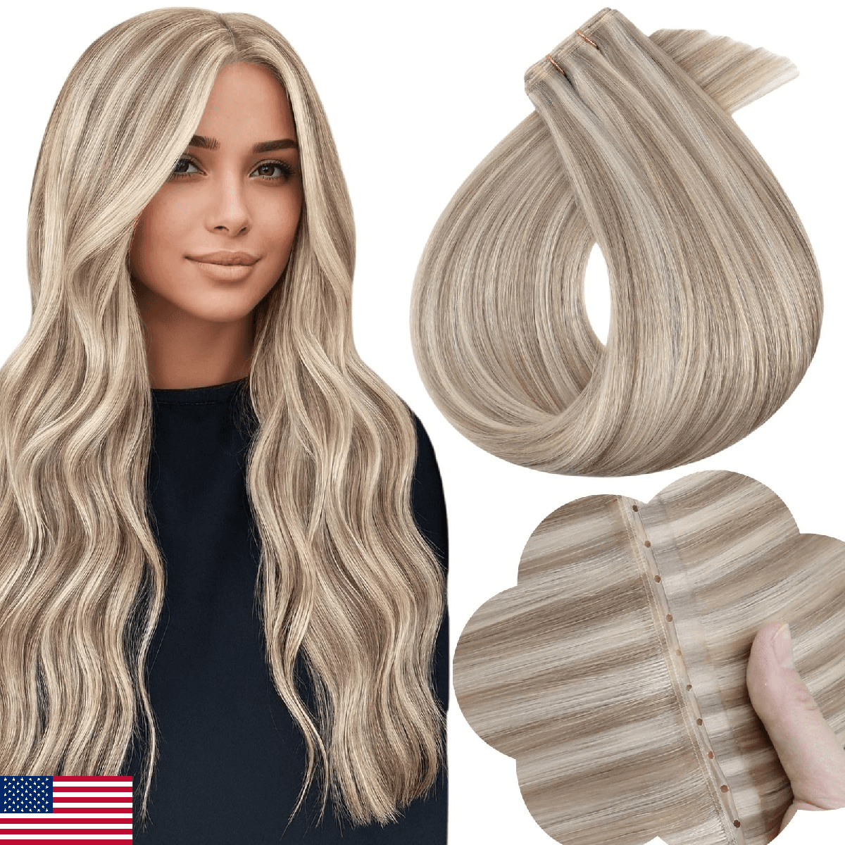 Full Shine Seamless Butterfly Weft Hair Extensions 18 In 50G Ash Blonde Highligh - Image 1