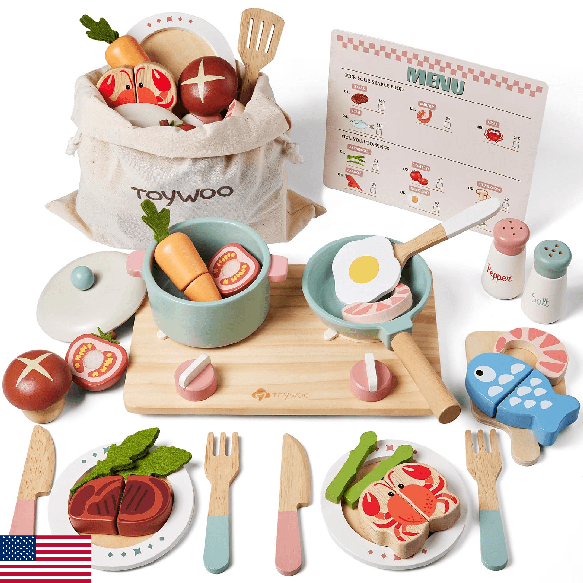 Wooden Play Kitchen Accessories Pretend Toy Pots and Pans Sets for Kids Kitchen - Image 1