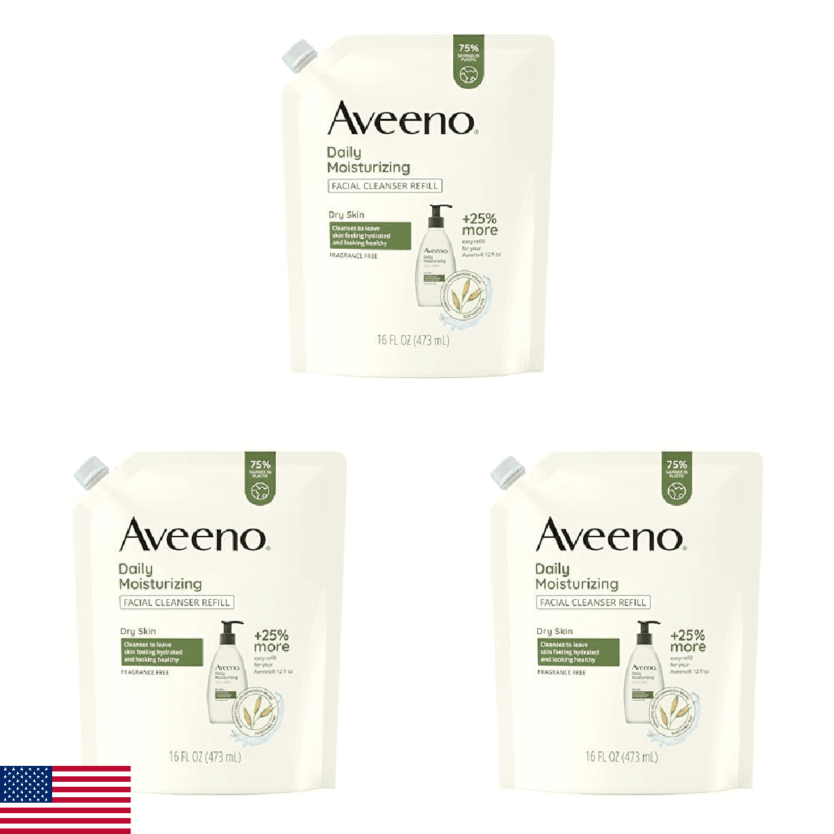 Aveeno Daily Moisturizing Facial Cleanser 16oz Pack of 3 Non-GMO Oat Paraben-Fre - Image 1