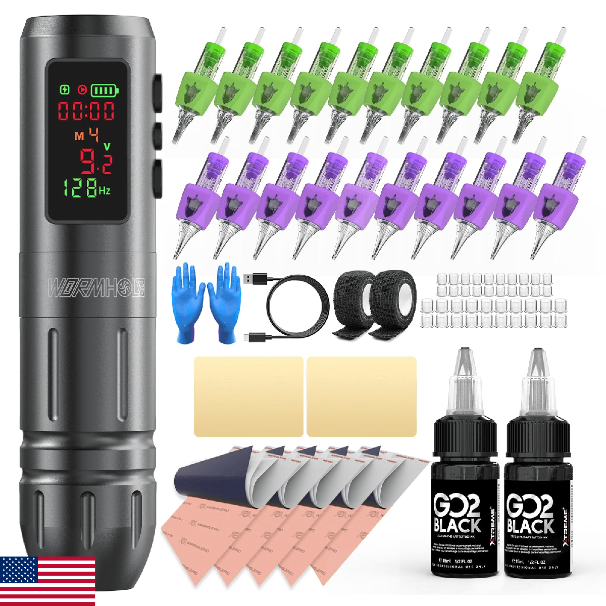 Wormhole Tattoo Gun Kit 1,600mAh Battery 2 Bottles 1/2 OZ Xtreme Tattoo Ink and - Image 1