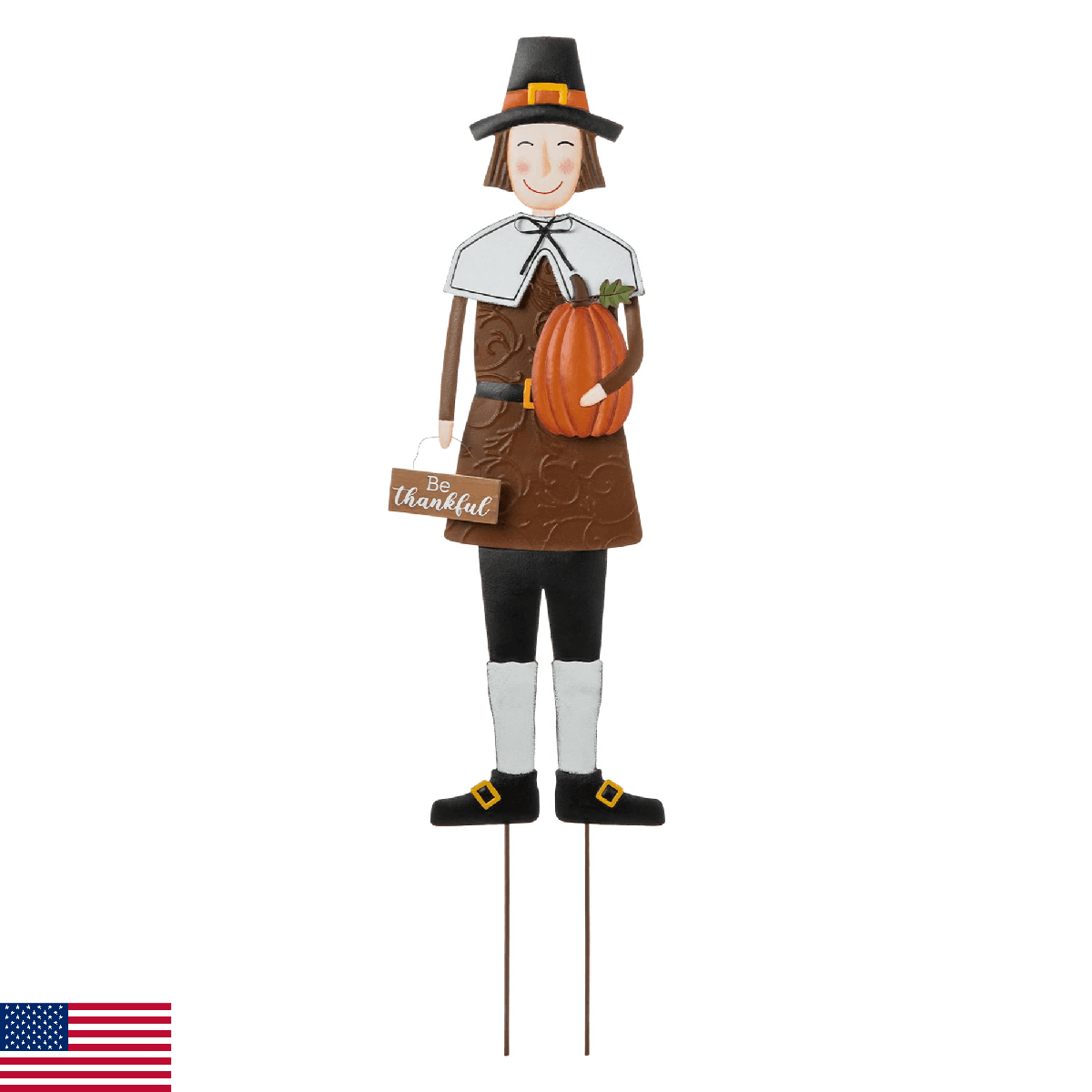 Glitzhome Thanksgiving Yard Stakes Metal Pilgrim Boy Yard Signs Hanging Wall Dec - Image 1
