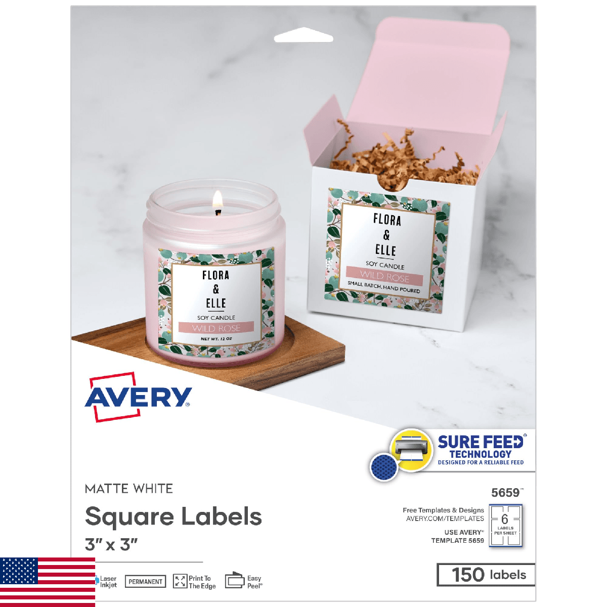 Avery 5659 3x3 Matte White Square Labels Sure Feed Permanent Adhesive 150pk - Image 1