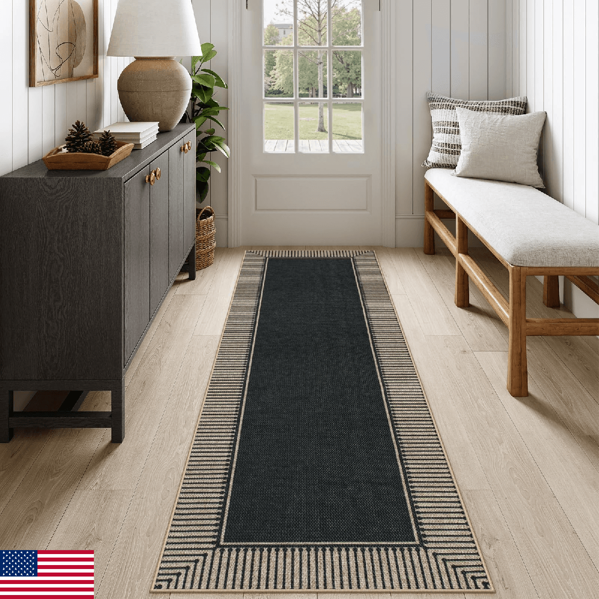 Moynesa Washable Black Striped Border Easy Jute Runner Rugs 2x6, Entryway Rug Ru - Image 1