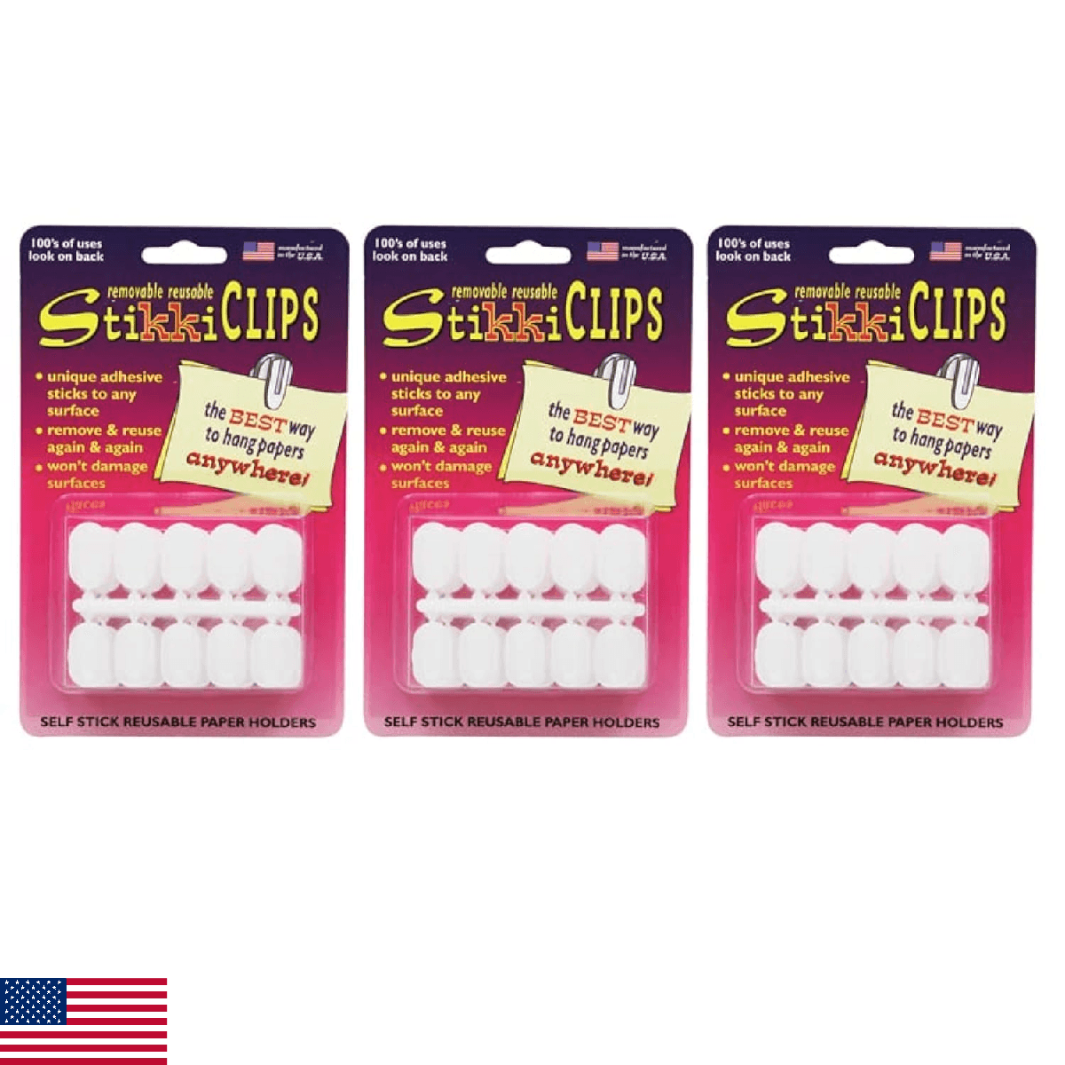 StikkiWorks StikkiCLIPS Adhesive Clips, White, 30 Per Pack, 3 Packs - Image 1