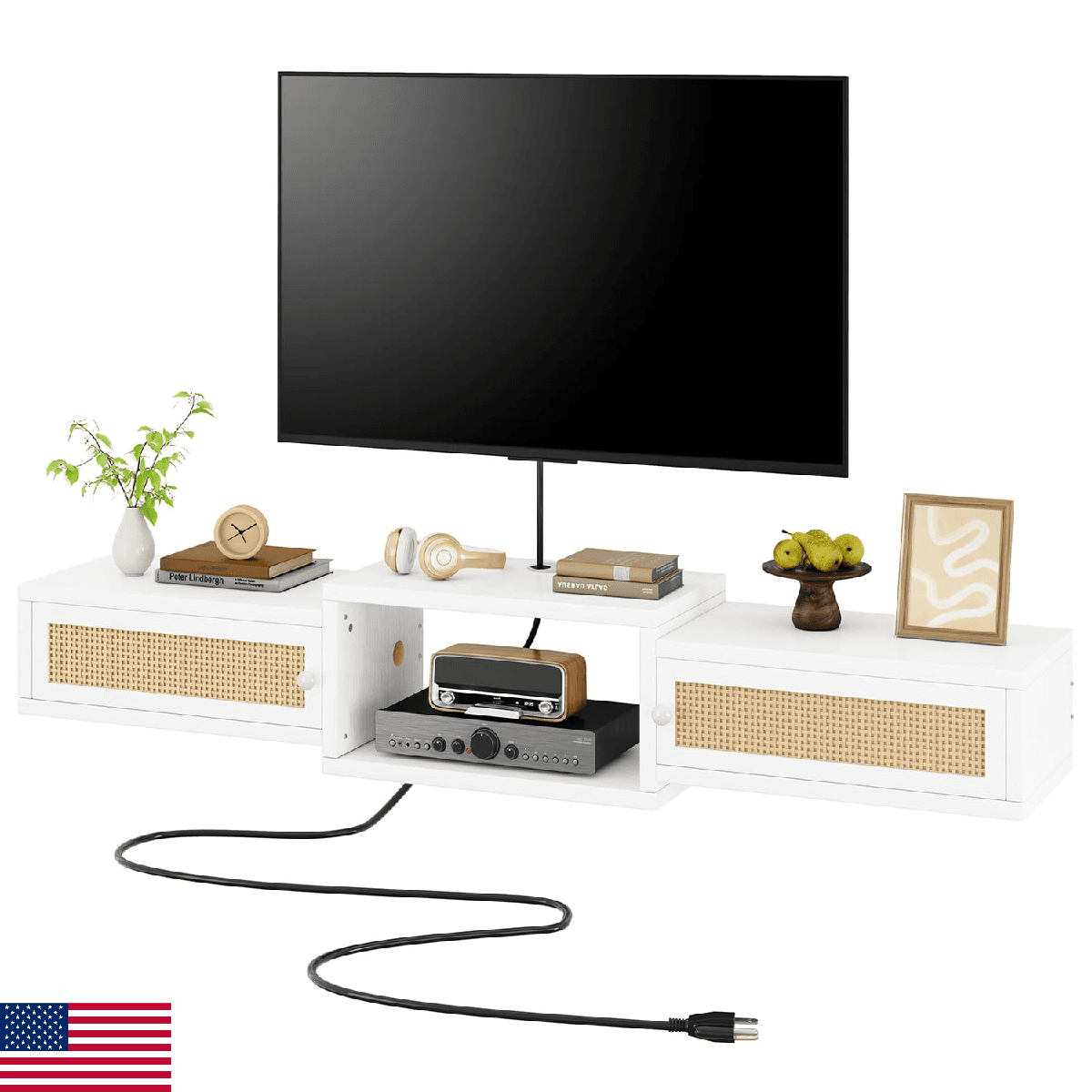 IBUYKE Modern Rattan Floating TV Stand with Doors,Wall Mounted TV Shelf for TVs - Image 1