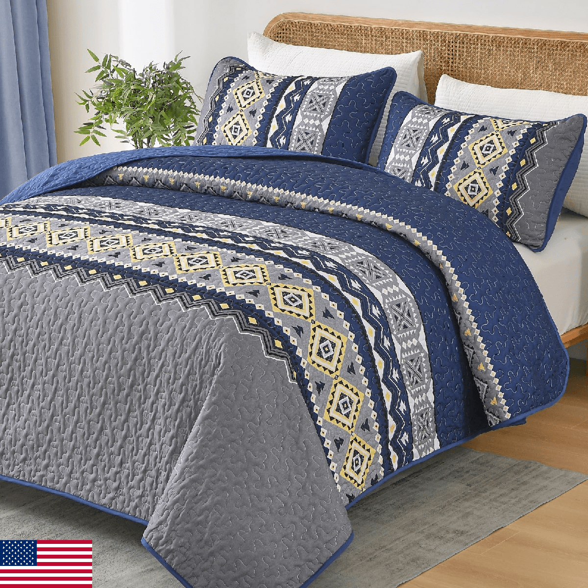 WONGS BEDDING 3 Pieces Quilt Set King Navy Blue Lightweight Bohemian Coverlet wi - Image 1