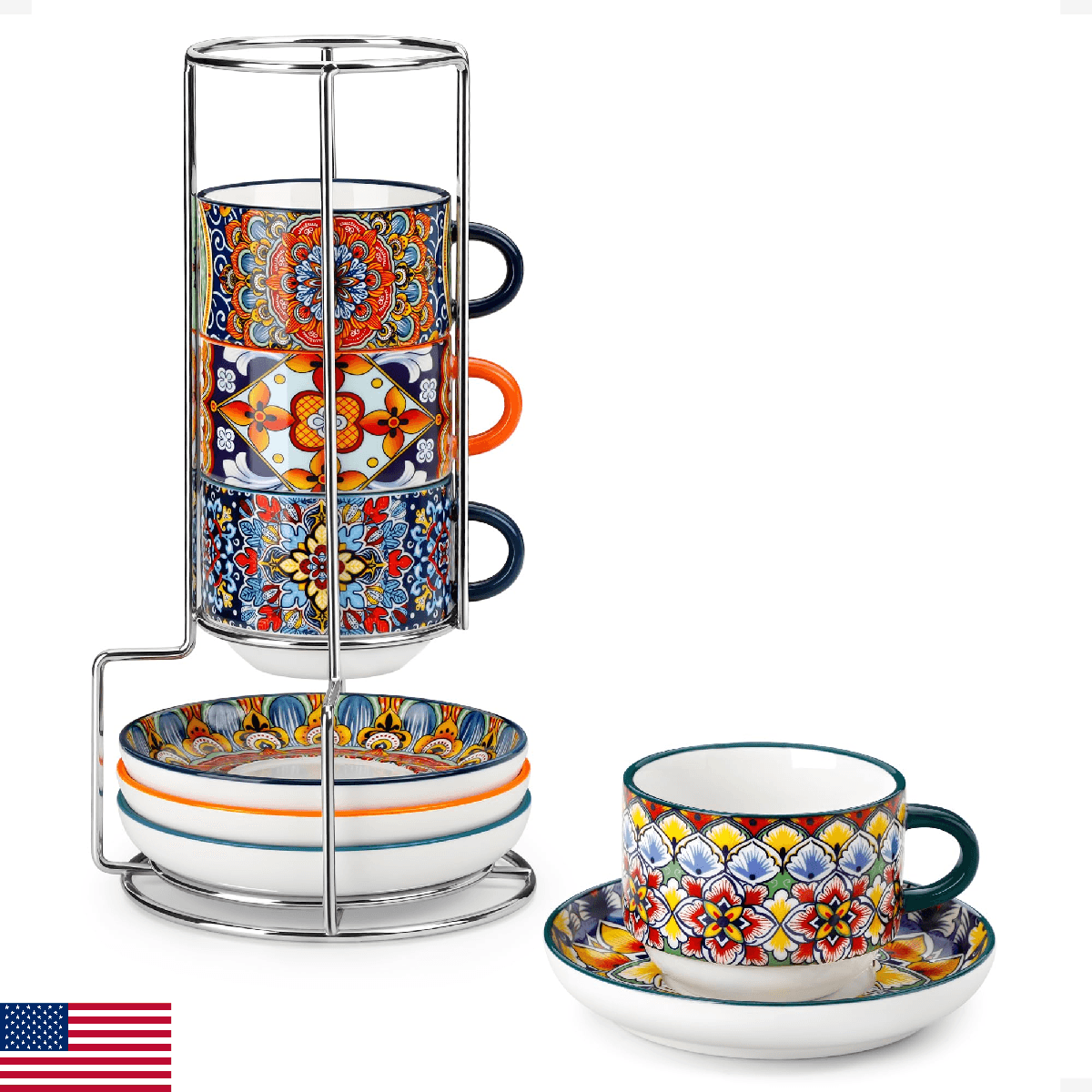 vancasso 8 Oz Stackable Espresso Cups with Saucers and Metal Stand Set of 4,Bohe - Image 1