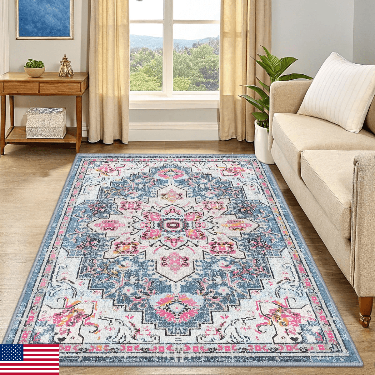 Smiry 4x6 Area Rugs for Living Room, Boho Chic Style Printed Rugs, Low Pile, Non - Image 1