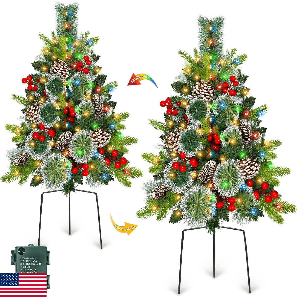 2 Pack Outdoor Christmas Tree Urn Fillers with 8 Modes Timer, 40 Warm & Colorful - Image 1