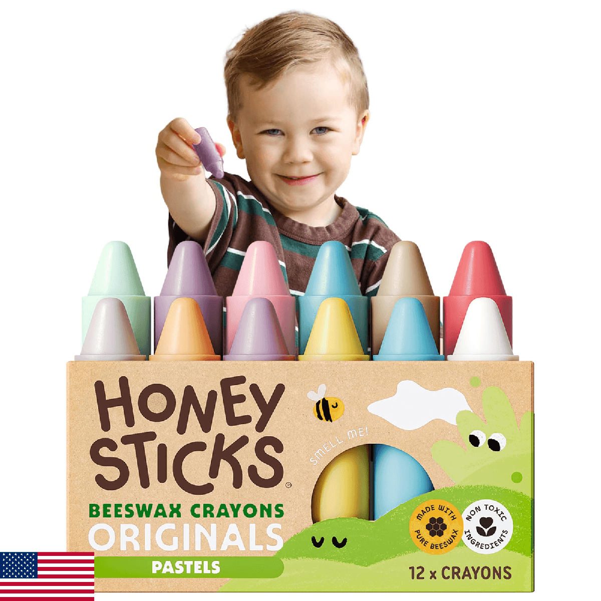 Honeysticks 100% Pure Beeswax Crayons 12 Pack Pastel Non Toxic Toddler Baby Safe - Image 1