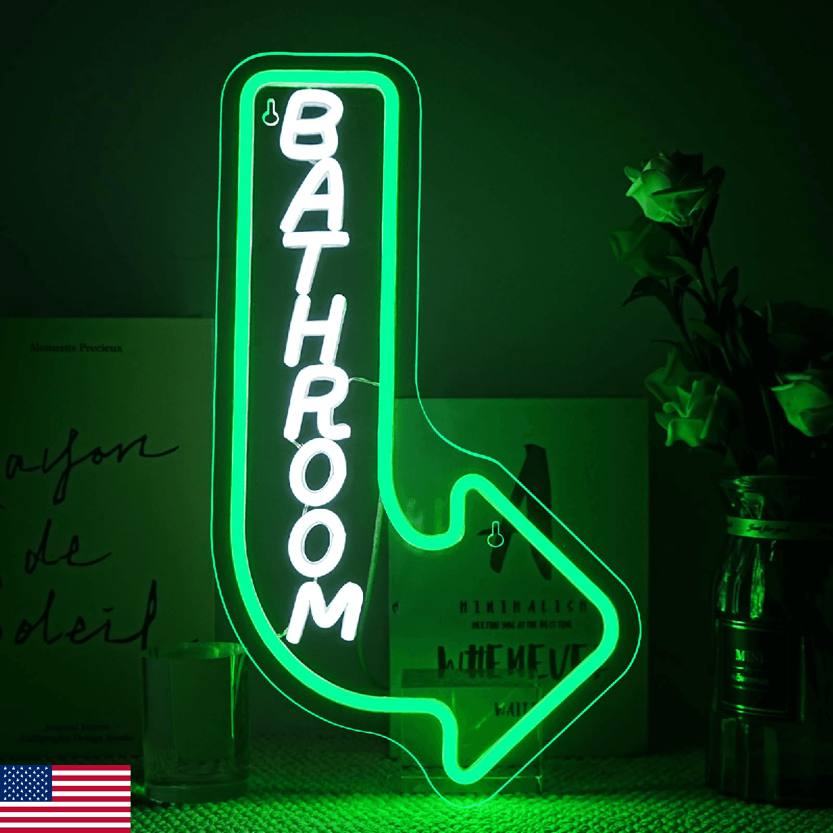 Looklight Bathroom Arrow Neon Signs for Wall Decor Green White LED Word Light Si - Image 1