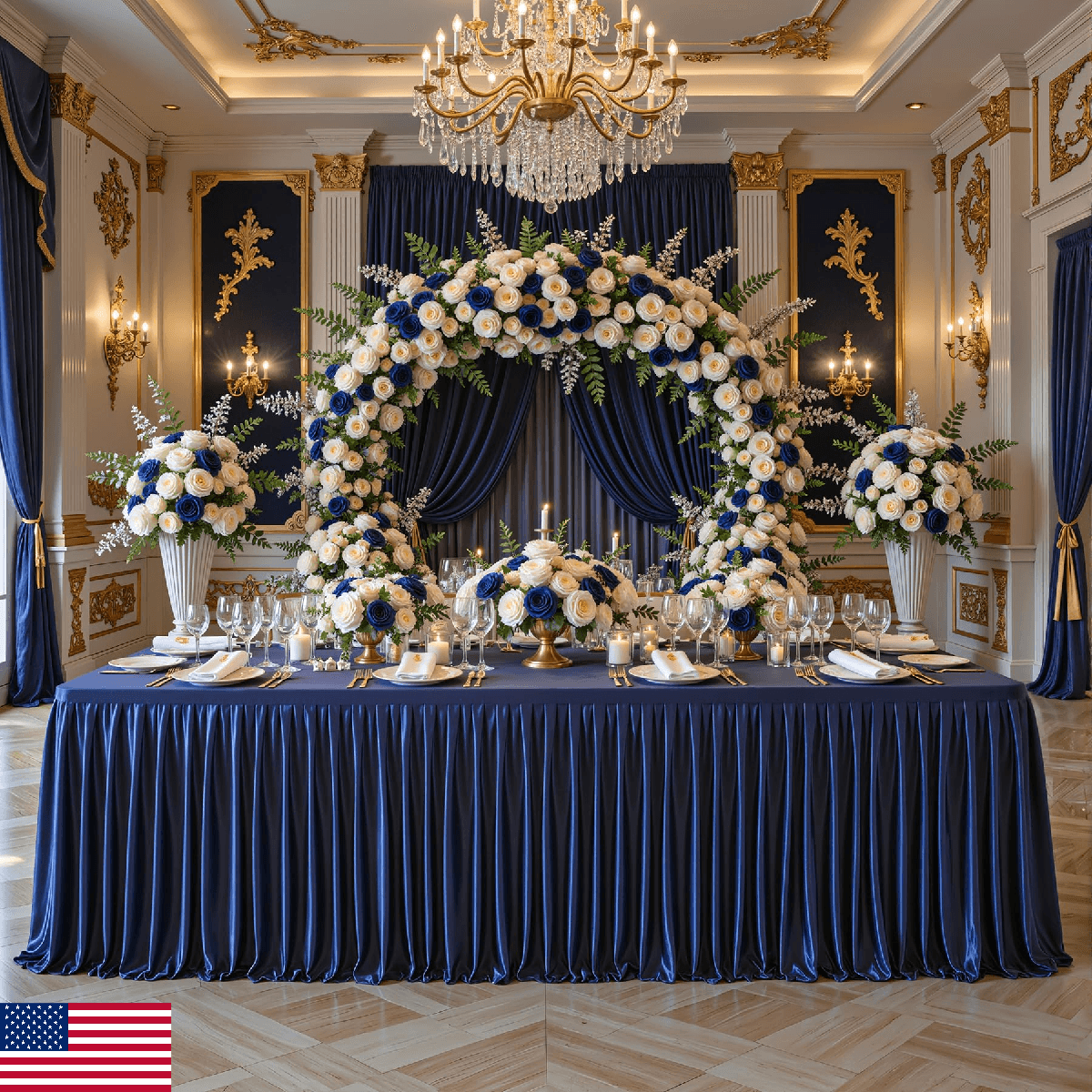 Navy Blue Satin Table Clothes for 8 Foot Rectangle Tables - 8FT Wrinkle Resistan - Image 1