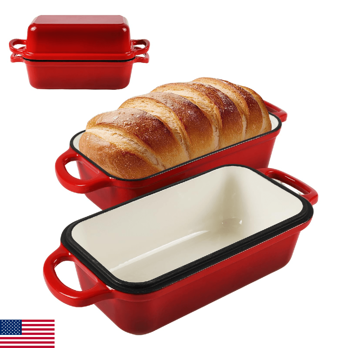 9 x 5 Inch Bread Pan Enameled Cast Iron Loaf Pan with Lid for Baking, 2 in 1 Non - Image 1