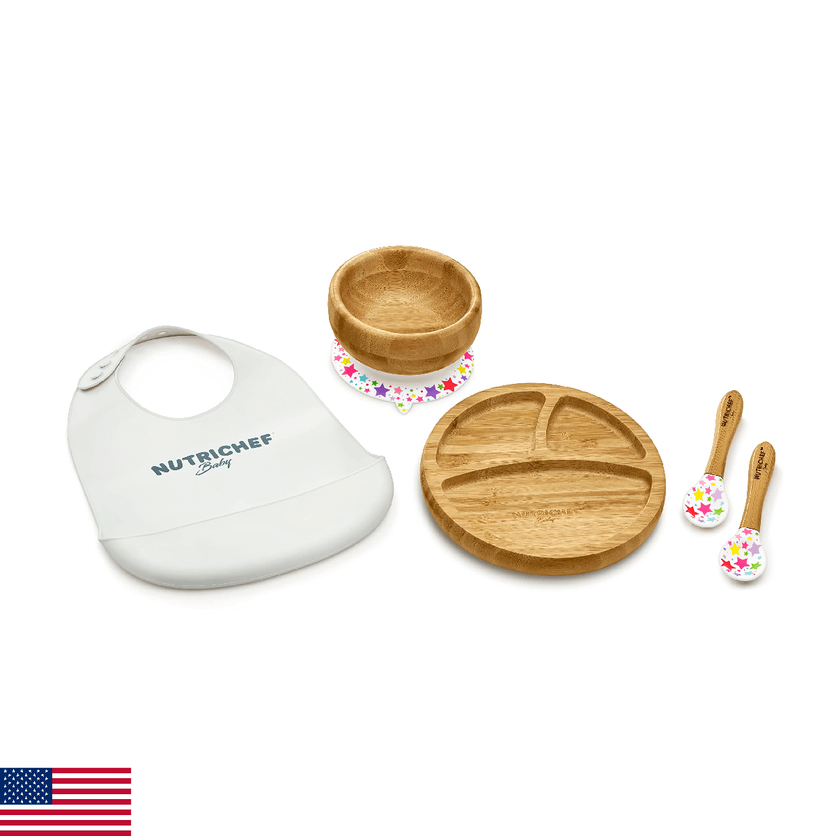Nutrichef Baby and Toddler, 3 Compartment Plate, Bowl, and Spoon Feeding Set- Si - Image 1