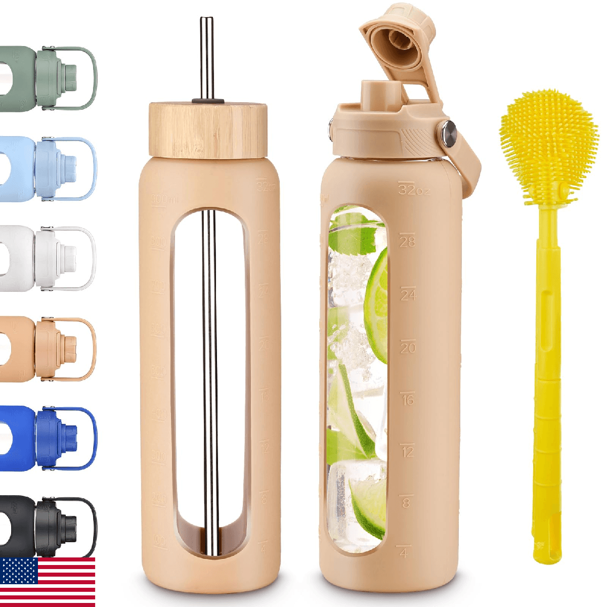 weasland 32 oz Glass Water Bottle with 2 Lids-Bamboo Straw Lid & Spout Lid,1 Lit - Image 1