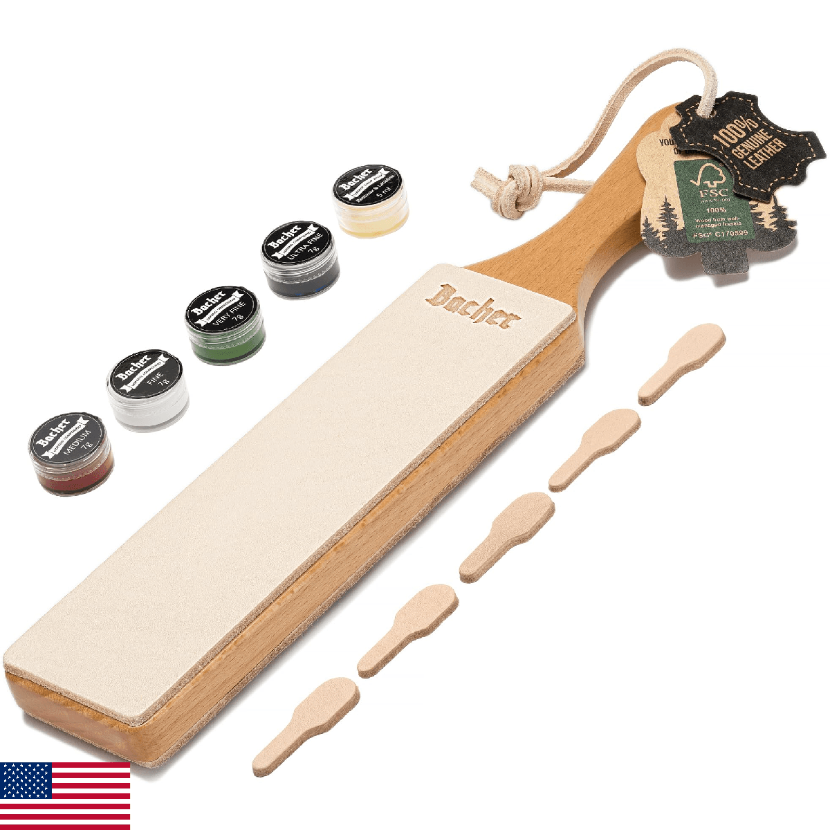 Bacher Premium Leather Strop for Knife Sharpening with Polishing Compound - Doub - Image 1