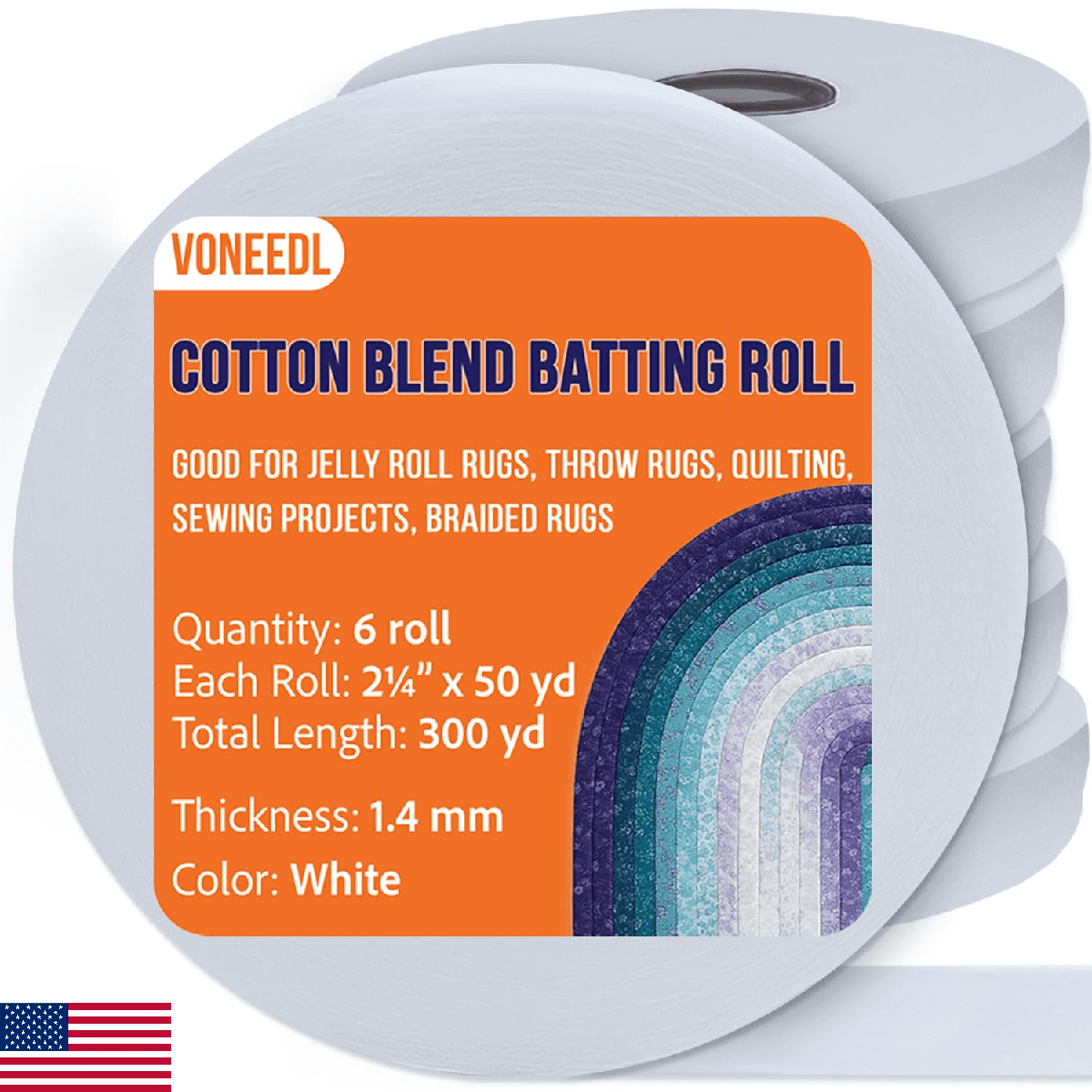 VONEEDL Jelly Roll Batting Strip – 2 1/4 Inch x 300 Yards Cotton Blend Batting R - Image 1
