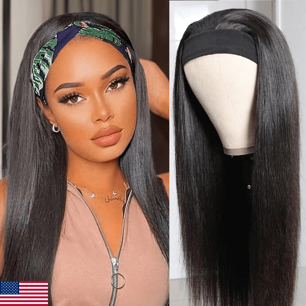 Lauberita Straight Headband Wig Human Hair for Women 18-Inch 180% Density Headba - Image 1