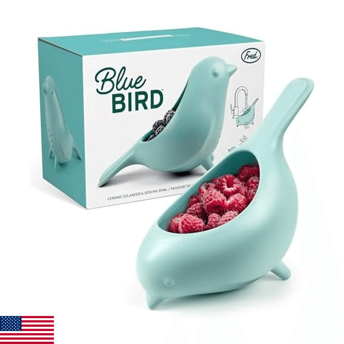 Genuine Fred BLUE BIRD Ceramic Colander, Charming, Unique Design, Berry Colander - Image 1