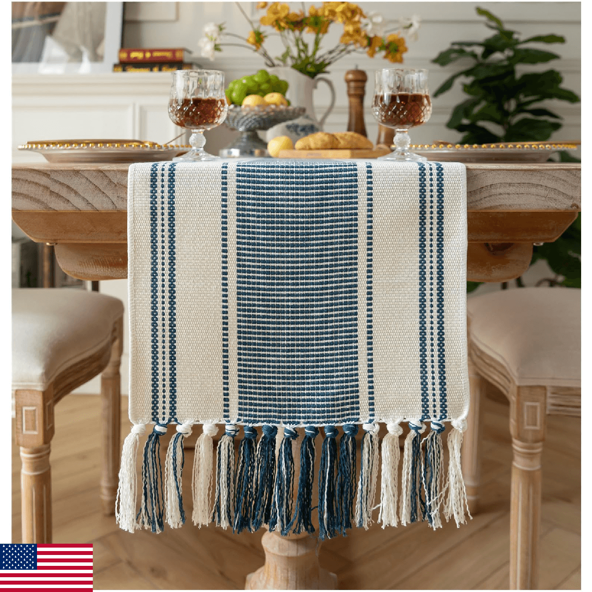 Caflife Boho Table Runner Blue and White for Modern Farmhouse Decor,Natural Cott - Image 1