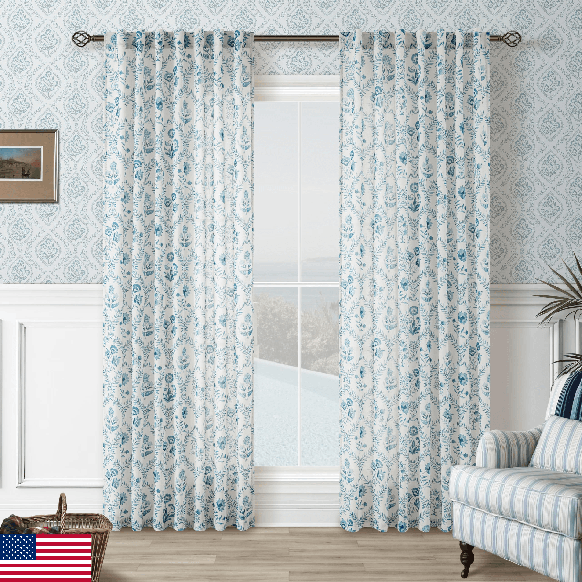 Blue Floral Linen Curtains for Living Dining Room 84 Inch Length 2 Panels Blue B - Image 1