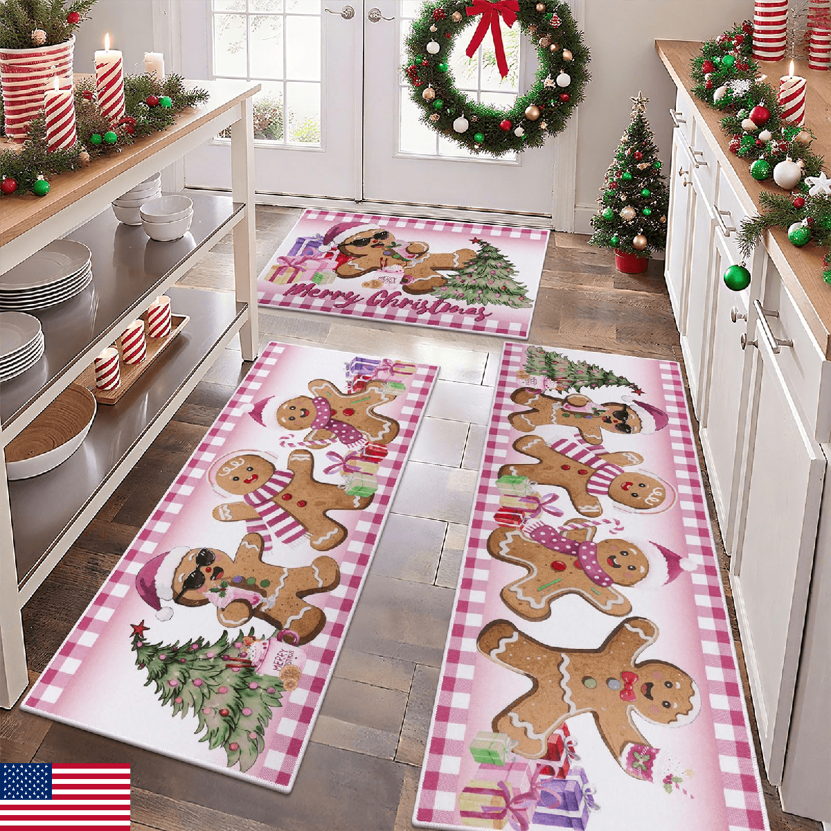 Ileading Christmas Kitchen Rugs Sets of 3 Piece Xmas Gingerbread Man Kitchen Flo - Image 1