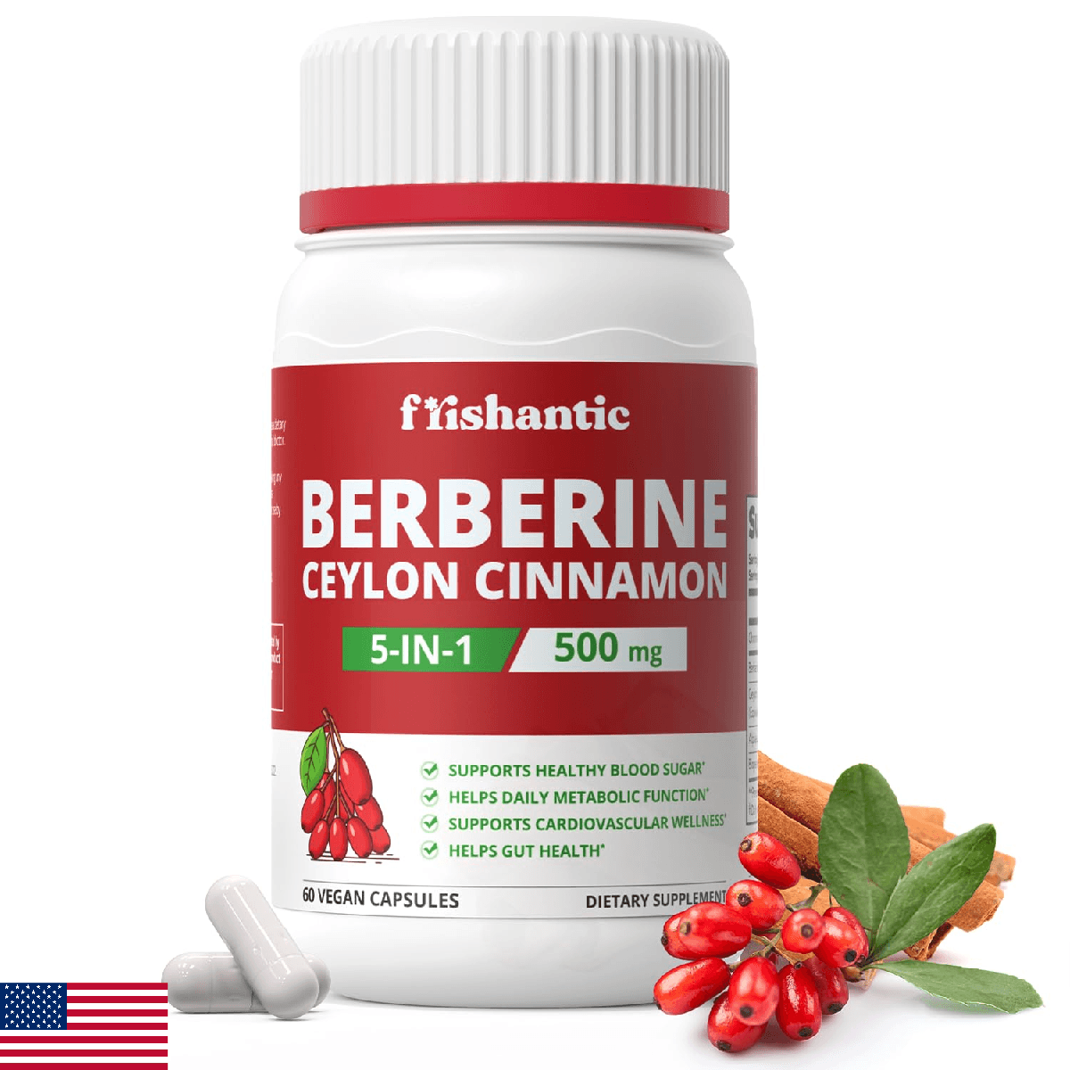 Frishantic Berberine & Ceylon Cinnamon 500mg Blood Sugar Support 30-Day Supply - Image 1